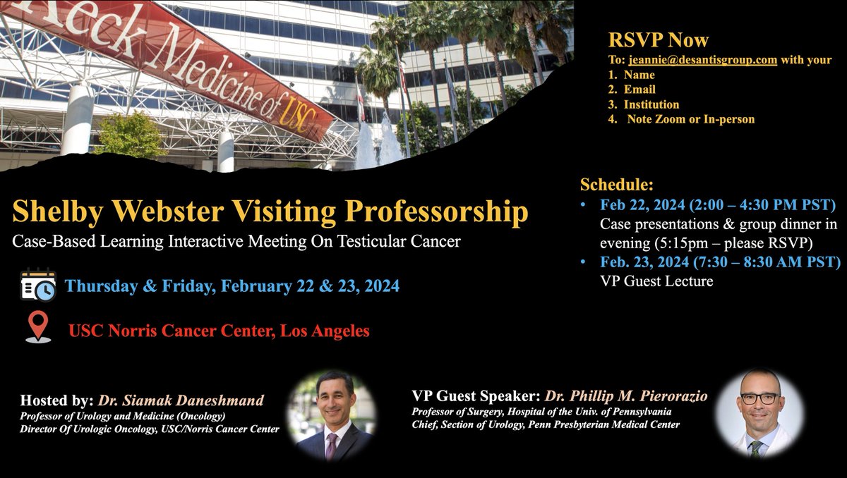 Alireza Ghoreifi, MD (@alirezaghoreifi) on Twitter photo RSVP & save the date for the world-class discussion on #testiscancer hosted by <a href="/siadaneshmand/">Sia Daneshmand, M.D.</a> and <a href="/drphil_urology/">Phillip Pierorazio</a> as VP!
<a href="/Hoomandjaladat/">Dr. Hooman Djaladat</a> <a href="/UroAlsyouf/">Muhannad Alsyouf</a> <a href="/erikaloulou/">Erika L. Wood, MD,MPH</a> <a href="/LeileiXiaUro/">Leilei Xia</a> <a href="/RHamiltonUrol/">Rob Hamilton</a> <a href="/AdityaBagrodia/">DrBagrodia</a> <a href="/uroegg/">Scott Eggener</a> <a href="/UroOnc/">Society of Urologic Oncology</a> <a href="/SUO_YUO/">YUO</a> <a href="/USC_Urology/">USC Urology</a> <a href="/PennUrology/">Penn Urology</a> <a href="/TestesCancer/">Testicular Cancer</a> RSVP & save the date for the world-class discussion on #testiscancer hosted by <a href="/siadaneshmand/">Sia Daneshmand, M.D.</a> and <a href="/drphil_urology/">Phillip Pierorazio</a> as VP!
<a href="/Hoomandjaladat/">Dr. Hooman Djaladat</a> <a href="/UroAlsyouf/">Muhannad Alsyouf</a> <a href="/erikaloulou/">Erika L. Wood, MD,MPH</a> <a href="/LeileiXiaUro/">Leilei Xia</a> <a href="/RHamiltonUrol/">Rob Hamilton</a> <a href="/AdityaBagrodia/">DrBagrodia</a> <a href="/uroegg/">Scott Eggener</a> <a href="/UroOnc/">Society of Urologic Oncology</a> <a href="/SUO_YUO/">YUO</a> <a href="/USC_Urology/">USC Urology</a> <a href="/PennUrology/">Penn Urology</a> <a href="/TestesCancer/">Testicular Cancer</a>