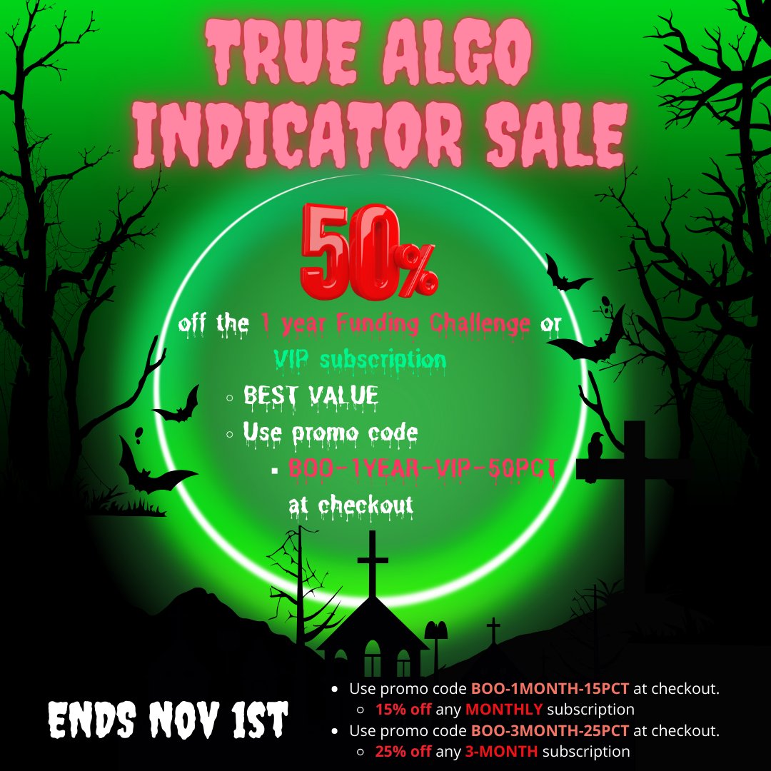 True_Algo's tweet photo. 🚀 Elevate your FOMC trading game with True Algo! 📢 Don't miss our epic Halloween sale - up to 50% off! 🎃 Get the edge you need: Visit https://t.co/pqrNpGDAdx today! #TrueAlgo #FOMCTrading #HalloweenSale #aitrading #predictivetrading #algotrading
Less than a week left to take advantage of this discount for our indicator Set and Live Streams for Members only during NYSE Sessions.