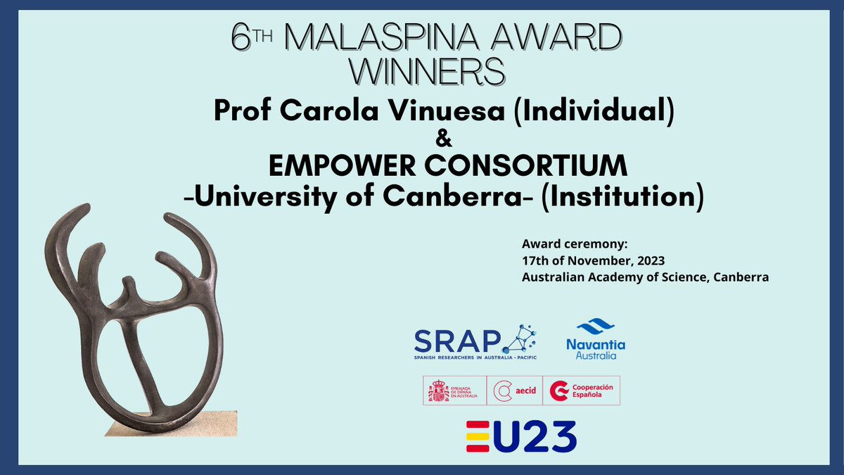Embajada España en Australia - Embassy of Spain AU (@embespaustralia) on Twitter photo We are honoured to announce alongside <a href="/srap_ieap/">SRAP-IEAP</a> the winners of the 6th Malaspina Awards: Prof Carola Garcia de Vinuesa and <a href="/EmpowerPlatform/">Empower Project</a> <a href="/uc_hri/">Health Research Institute</a>
The awards ceremony will be held at the <a href="/Science_Academy/">Australian Academy of Science</a> in Canberra.
Thanks to <a href="/Navantia_AU/">Navantia Australia</a> for your support We are honoured to announce alongside <a href="/srap_ieap/">SRAP-IEAP</a> the winners of the 6th Malaspina Awards: Prof Carola Garcia de Vinuesa and <a href="/EmpowerPlatform/">Empower Project</a> <a href="/uc_hri/">Health Research Institute</a>
The awards ceremony will be held at the <a href="/Science_Academy/">Australian Academy of Science</a> in Canberra.
Thanks to <a href="/Navantia_AU/">Navantia Australia</a> for your support