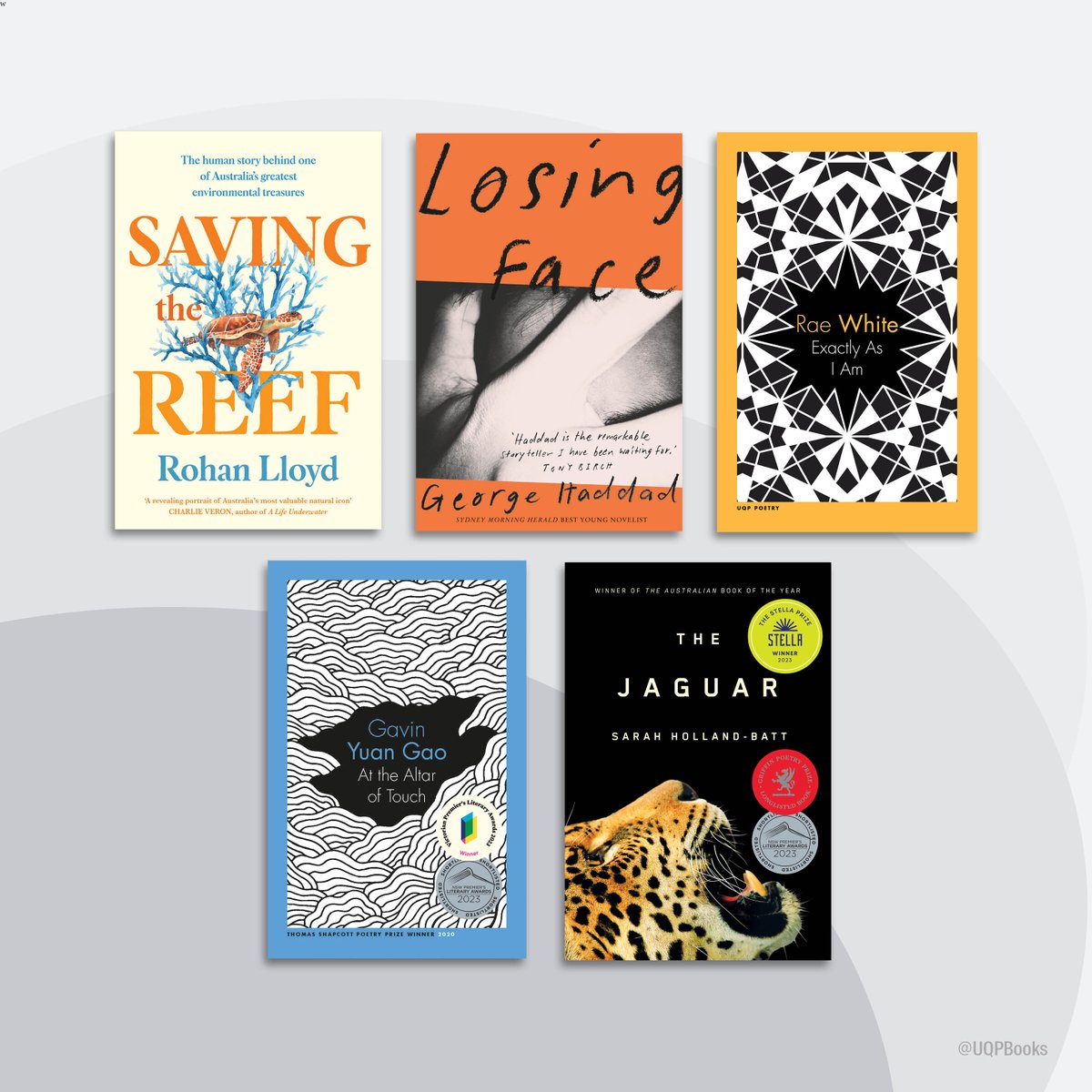 Congratulations to the UQP authors shortlisted for the 2023 #PMLitAwards!

📚 George Haddad #LosingFace, Rohan Lloyd #SavingtheReef, Rae White #ExactlyAsIAm, <a href="/the_shb/">Sarah Holland-Batt</a>  #TheJaguar, Gavin Yuan Gao #AtTheAltarofTouch 

ow.ly/k4Af50Q0SyM