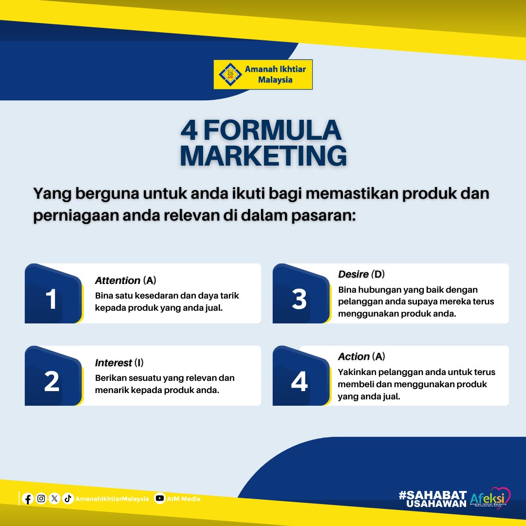 AmanahIkhtiar's tweet photo. Nak power dalam marketing anda kena tahu macam mana nak guna 4 formula ini!
Jom kami ajar macam mana 4 formula marketing ini boleh memantapkan lagi perniagaan dan produk anda.
Semoga Berjaya!
#amanahikhtiarmalaysia
#sahabatusahawanAIM
#Malaysiamadani
#afeksi https://t.co/7qcHciW22W