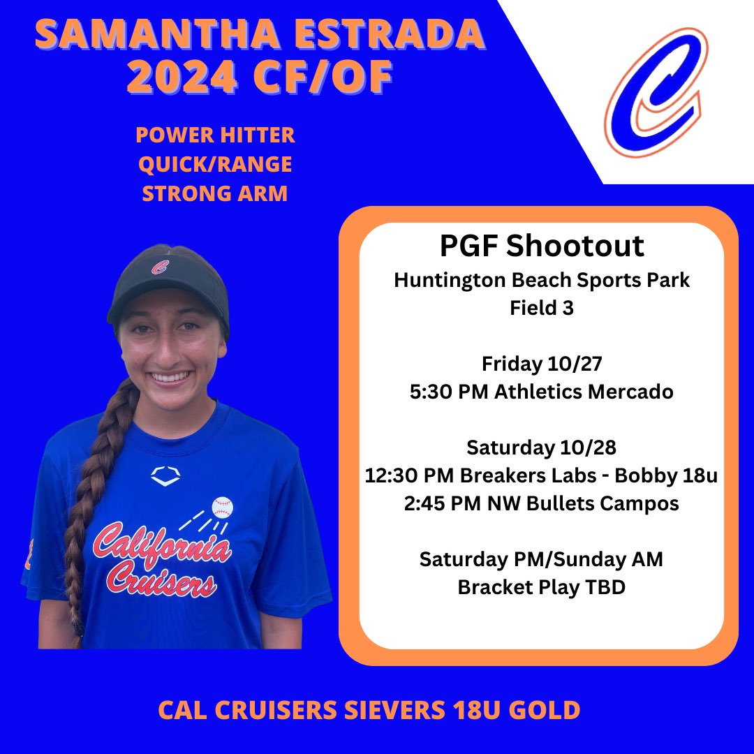 So excited to compete this weekend!! Come check us out! <a href="/CalCruisers18U/">Cal Cruisers Sievers 18U Gold</a> <a href="/EFP_Solutions/">Elevated Fastpitch Solutions</a> <a href="/CBerouty/">celeste de leon berouty</a> <a href="/PGFnetwork/">PGF</a> <a href="/SBRRetweets/">Softball Recruiting Reposts</a> <a href="/CoastRecruits/">Coast 2 Coast Recruits</a> <a href="/TopPreps/">Top Preps Sports News 247. See Interview Videos.</a> <a href="/upnextrecruits/">Up Next Recruits</a> <a href="/LegacyLegendsS1/">Legacy & Legends Softball</a> <a href="/IHartFastpitch/">I❤️Fastpitch</a>