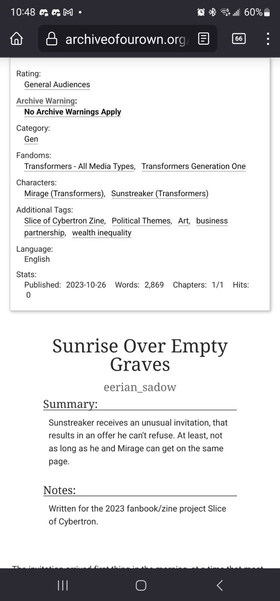 Sunrise Over Empty Graves by eerian_sadow - Transformers - All Media Types, Transformers Gen... archiveofourown.org/works/51119650 Rated G, Mirage, Sunstreaker, political themes, business partnership 
This is my piece for <a href="/SoCZine/">SliceofCybertronZine</a>! 
#maccadam