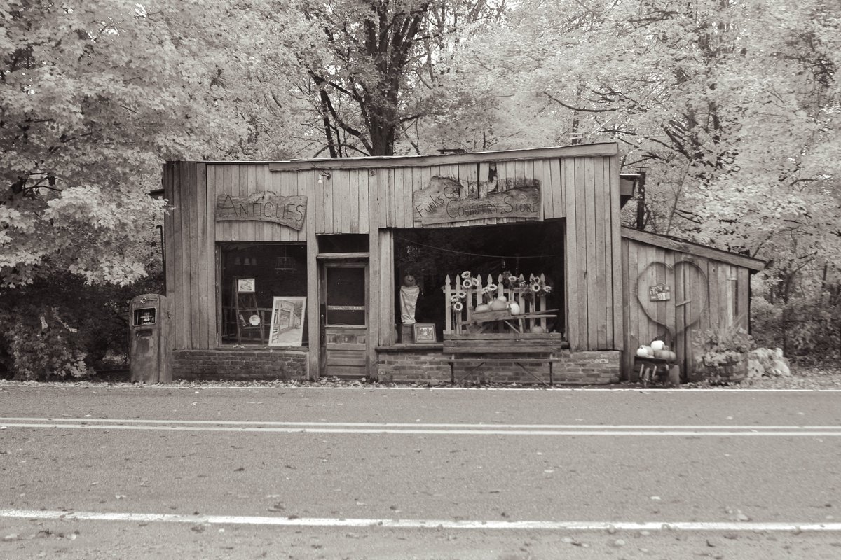 Whispers of Yesteryears 🕰️: This quaint antique store, framed by the golden tapestry of fall, feels like a pause button in our fast-paced world. It's amazing how some places can make you travel back in time without moving an inch. #Journeys #FallFinds #StepIntoThePast #HiddenGems