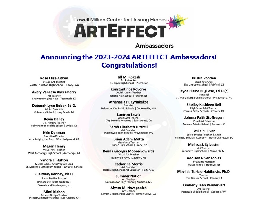 #Congratulations to the inaugural #arteffect Ambassadors! These top 28 #educators from across the U.S. and Canada have been selected to explore #visualart with #K12 #students and honor the stories of #Lowellmilkenctr #unsungheroes.