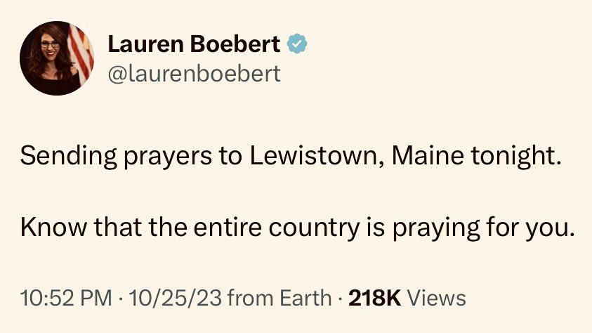 As a Mainer, I find the crassness of this self-absorbed rabid gun violence enabler sending her feckless, attention seeking “prayers” and not being thoughtful enough to spell “#Lewiston” correctly incredibly offensive.

Go away.

#resist #VoteBlue #GunControlNow #mepolitics