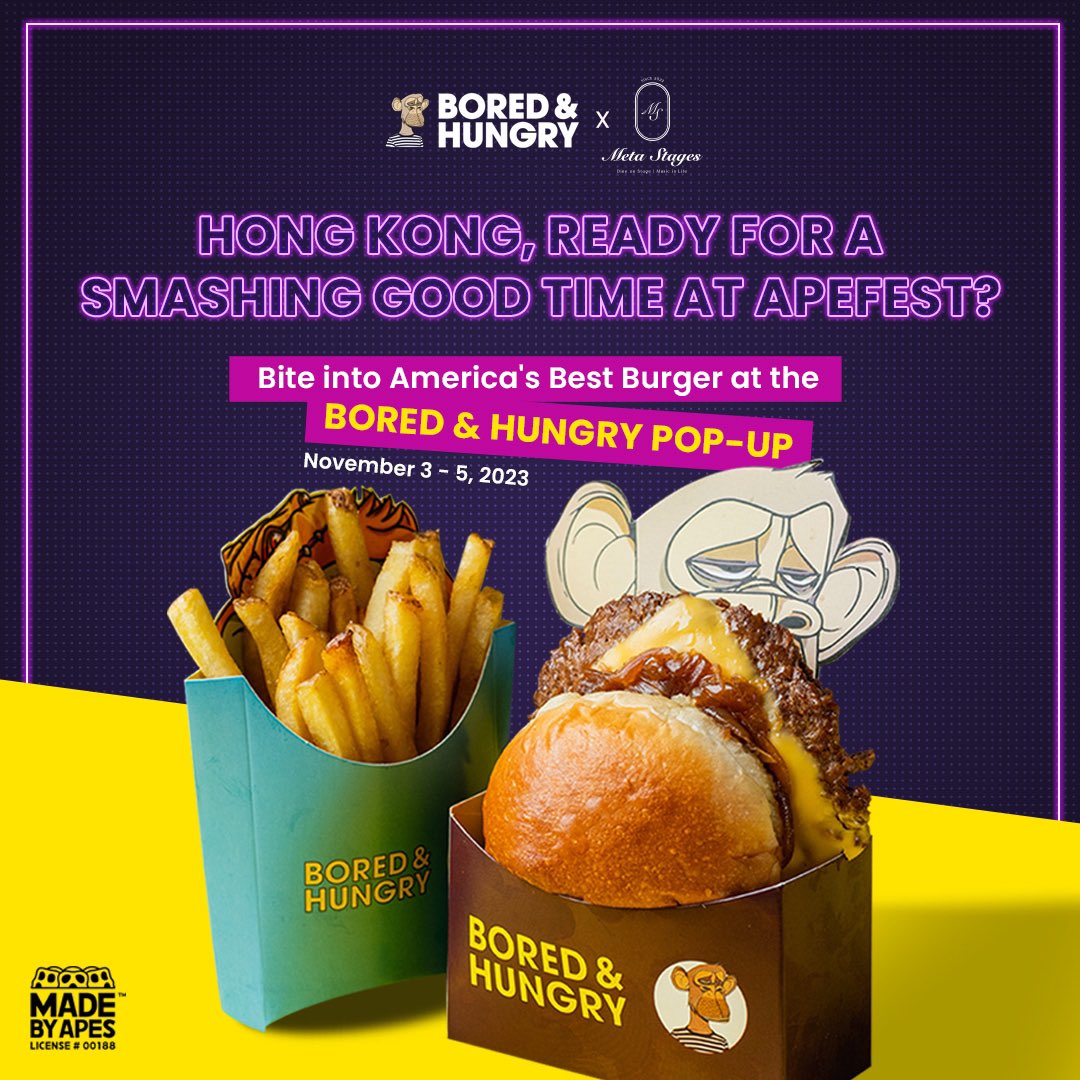 BoredHungryAsia's tweet image. BORED &amp;amp; HUNGRY IS COMING TO HK!

We know that your Apefest experience ain’t complete without getting an OG Burger from us…

So we partnered with @Meta_Stages_ to bring Bored &amp;amp; Hungry to HK!

WEN? Nov 3-5, 12-6PM

📍Meta Stages, 5F, V-Point, 10 Tang Lung Street, Causeway Bay, HK
