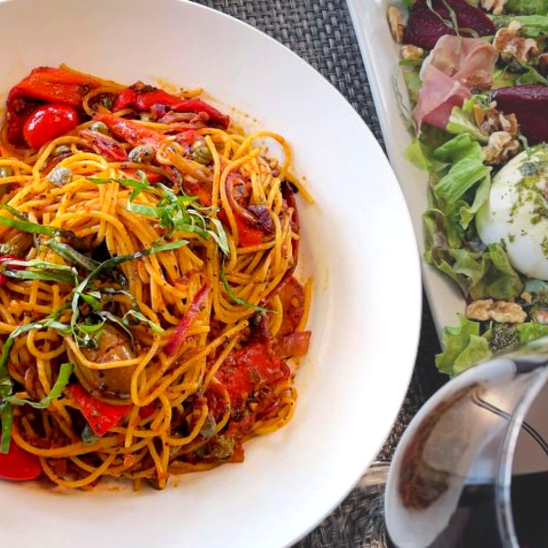 Our Spaghetti Puttanesca is made with olives, capers, roasted red peppers, red onion &amp; plum tomato in a spicy al’olio tossed with spaghetti. 

#LaPiazza #LaPiazzaAllegra #eathamont #italianhamilton #cateringhamilton #menu #foodhamilton #hamont  #pasta #menu #pastatime