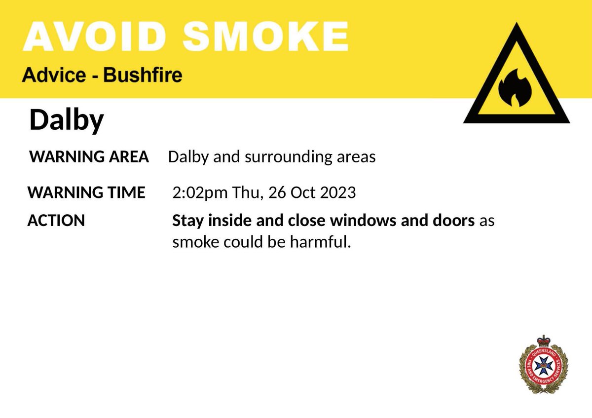 AVOID SMOKE - Dalby - fire as at  2:02pm Thursday, 26 October 2023.
For all current warnings, updates and mapping go to qfes.qld.gov.au/Current-Incide….