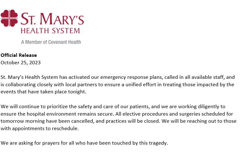 ChrisCostaTV's tweet photo. Here is an update from St. Mary's Health System: St. Mary’s Health System has activated our emergency response plans, called in all available staff. All elective procedures and surgeries scheduled for tmrw AMhave cancelled, and practices will be closed. @newscentermaine #maine https://t.co/rbOwBZuLJ3
