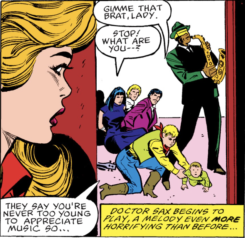 If you're going to torture a baby using emotion inducing saxophones, you should treat the baby with care before. Well done #DoctorSax and #JohnnyGuitar! To see how #Dazzler saves the day, check out Almost an X-Man! #xmen #xmenpodcast #xmencomics #almostanxman #dazzlerpodcast