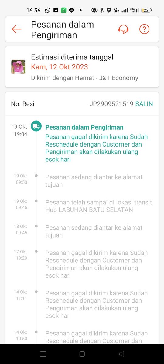 amiiyaaa's tweet photo. @jntexpressid Halo min @jntexpressid paket saya dengan no resi JP2909521519 ini kenapa belum dikirim ke alamat ya? Reschedule terus padahal estimasi harusnya tanggal 12 Oktober, dan ini udah dikirim dari tanggal 5 Oktober loh https://t.co/MU3yzvvyRp