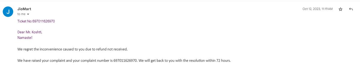 ajitkoshti's tweet photo. @JioMart_Support This is the 3rd time I am receiving this 7 days waiting period request email. I hv rcved this 1st time on 11.9.23. It has already been 2 months for my complaint.See below the various such email rcvd from your team since 2 months, they are unable to refund &amp; just giving only dates https://t.co/WYbZk3zhbw