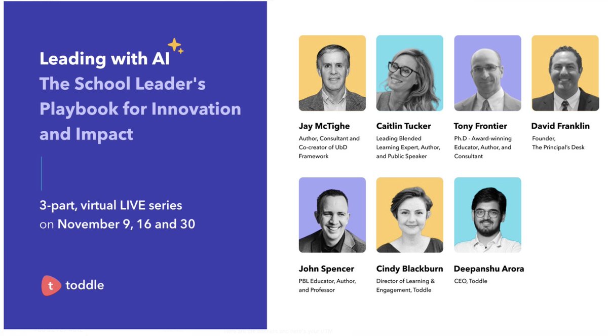 AI sessions for School leaders! 
3pm PST or 4pm PST
with <a href="/jaymctighe/">Jay McTighe</a> <a href="/Catlin_Tucker/">Dr. Catlin Tucker</a> @TonyFrontier <a href="/spencerideas/">Dr. John Spencer</a> <a href="/MsCindyPYP/">Cindy Blackburn</a> 
sessions will be recorded.  live events in other regions will be promoted next year. #principals #schoolleaders 
hubs.li/Q026K5yj0      .  .