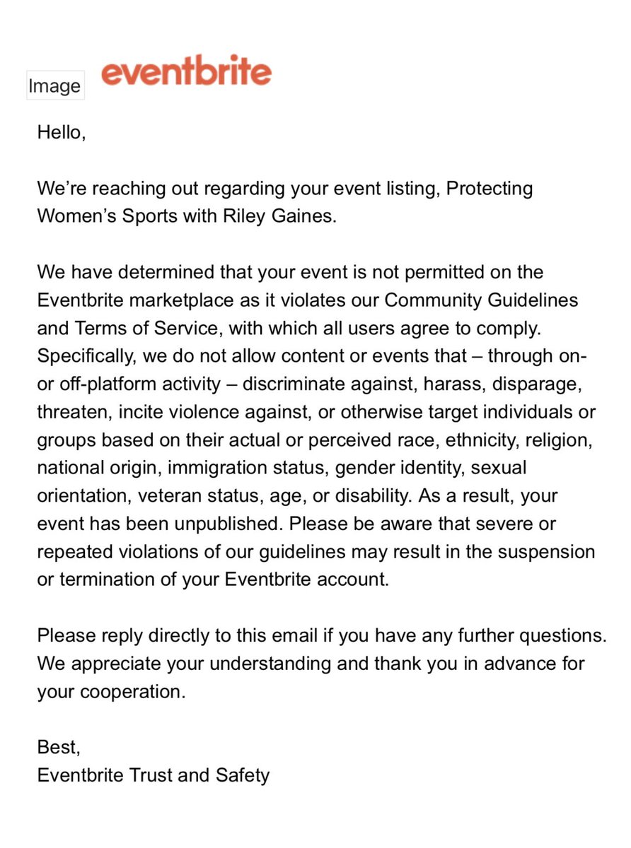 Riley_Gaines_'s tweet photo. I love all the people in my comments saying they've deleted their Eventbrite account. Give 'em the Bud Light treatment 

🚨Newsflash: being a woman and advocating for such isn't a hate crime.🚨 https://t.co/EQmh2JbcF1