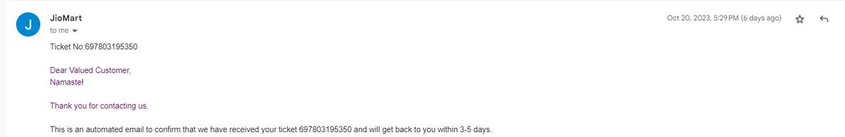 ajitkoshti's tweet photo. @JioMart_Support This is the 3rd time I am receiving this 7 days waiting period request email. I hv rcved this 1st time on 11.9.23. It has already been 2 months for my complaint.See below the various such email rcvd from your team since 2 months, they are unable to refund &amp; just giving only dates https://t.co/WYbZk3zhbw