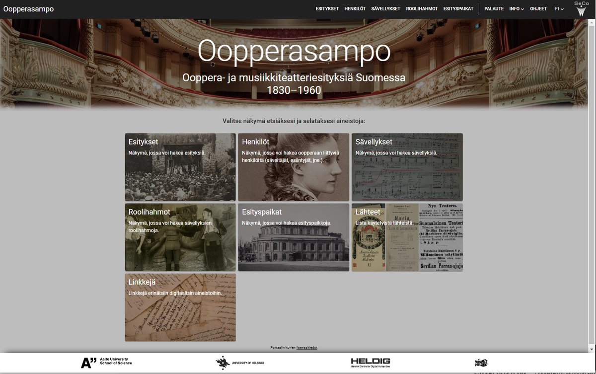 Semantic Computing Research Group (@secoresearch) on Twitter photo OPERASAMPO - Opera and music theatre performances in Finland 1830–1960 on the Semantic Web
New Sampo system of <a href="/Taideyliopisto/">Uniarts Helsinki</a> <a href="/AaltoUniversity/">Aalto University</a> and <a href="/helsinkiuni/">University of Helsinki</a> seco.cs.aalto.fi/projects/ooppe… published online:
oopperasampo.fi
<a href="/CSAalto/">Computer Science</a> <a href="/HelsinkiDH/">DH Helsinki</a> OPERASAMPO - Opera and music theatre performances in Finland 1830–1960 on the Semantic Web
New Sampo system of <a href="/Taideyliopisto/">Uniarts Helsinki</a> <a href="/AaltoUniversity/">Aalto University</a> and <a href="/helsinkiuni/">University of Helsinki</a> seco.cs.aalto.fi/projects/ooppe… published online:
oopperasampo.fi
<a href="/CSAalto/">Computer Science</a> <a href="/HelsinkiDH/">DH Helsinki</a>