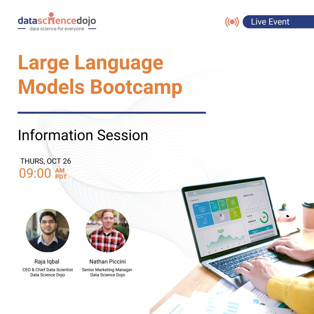 ‼️ Don't forget to join us tomorrow!  Our Chief Data Scientist, Raja Iqbal, and Senior Marketing Manager, Nathan Piccini will unveil the details of our upcoming 5-day in-person Large Language Models bootcamp.   RSVP now: hubs.la/Q026lrjB0 #largelanguagemodels #llmbootcamp