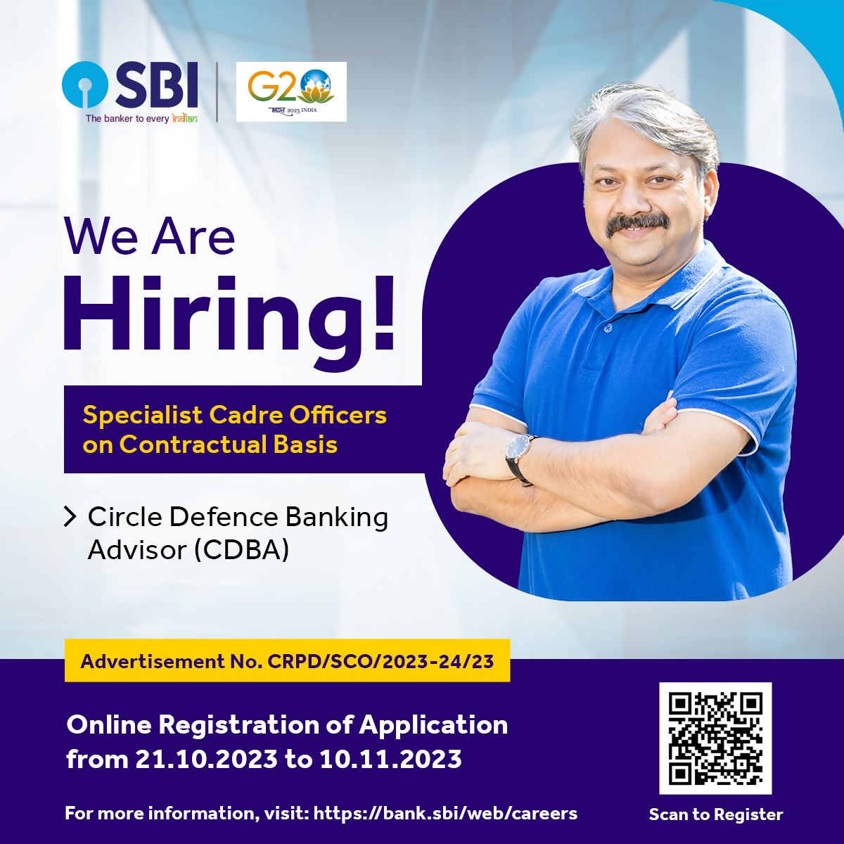 TheOfficialSBI's tweet image. State Bank of India invites applications from interested candidates for the role of Circle Defence Banking Advisor (CDBA).

Join SBI to become The Banker To Every Indian!

Visit: bank.sbi/web/careers and refer to Advertisement No. CRPD/SCO/2023-24/23.

#SBI #JoinSBIFamily…