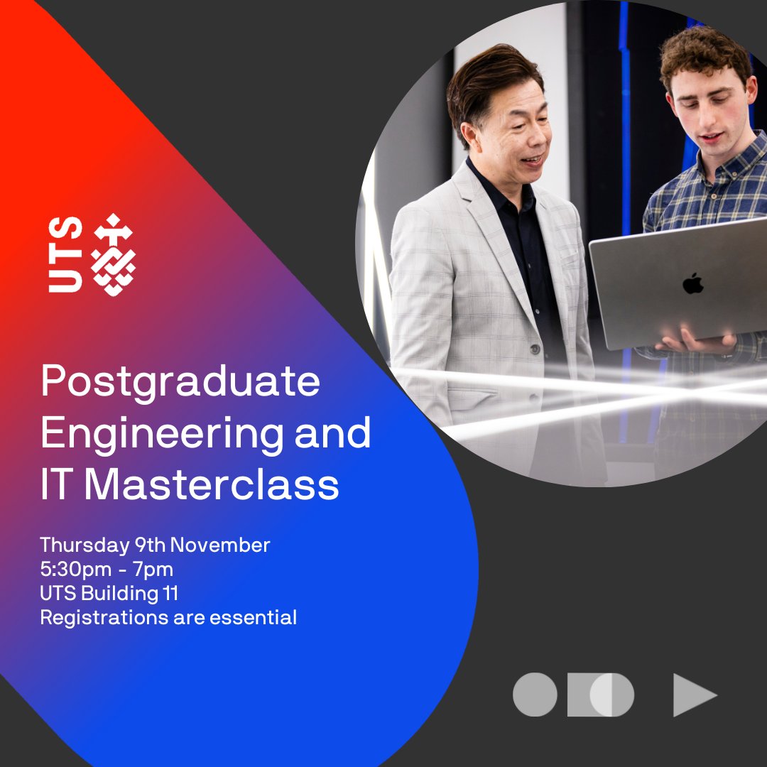 Interested in exploring your next step in Engineering or IT? Register now for our Postgraduate Masterclass evening! Learn more: uts.edu.au/about/faculty-… #Postgraduate #PostgraduateEngineering #PostgraduateIT