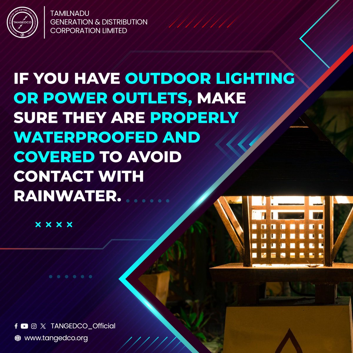 TANGEDCO_Offcl's tweet photo. Waterproof your outdoor lighting and power outlets to protect them from the elements and keep them safe.
#poweroutlets #safetyfirst #DIY #TANGEDCO #TNEB https://t.co/IBDlsgRC1s