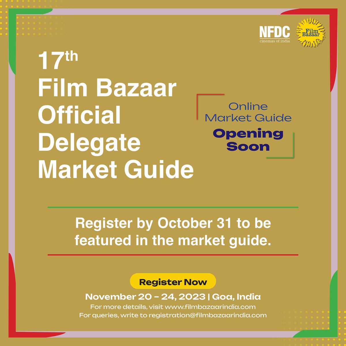 🎬 Lights, Camera, Registration! Don't miss your chance to feature in the Film Bazaar Market Guide. Hurry, the deadline is October 31st! Register Now: filmbazaarindia.com/participate/at… #Indie #Networking #Entertainment #Business #Cinema #FilmMarket #FilmBazaar2023 #FilmBazaar #India