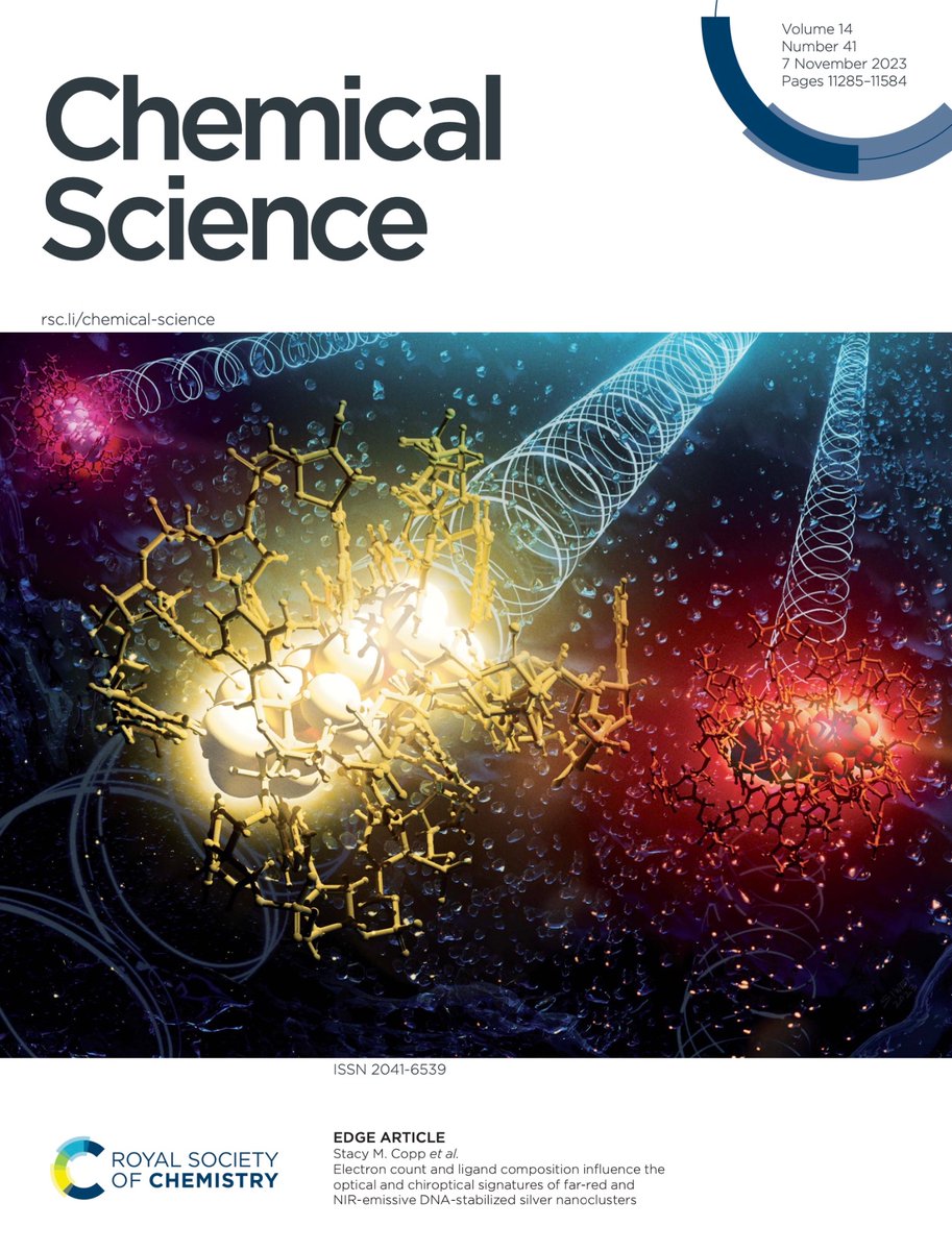 Thanks to @ChemicalScience for featuring our cover art! You can check out @RweetuparnaGuha 's paper on #chiroptical signatures of DNA-stabilized silver #nanoclusters here: doi.org/10.1039/D3SC02…