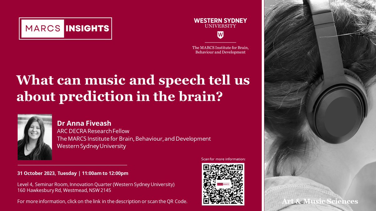 💡#MARCSInsights: Join us for a talk on “What can #music and #speech tell us about prediction in the brain?” by Dr Anna Fiveash [@Anna5ash], #Cognitive Psychologist & #ARC #DECRA Research Fellow | 31 Oct, 11am | More info: tinyurl.com/MARCSInsights
