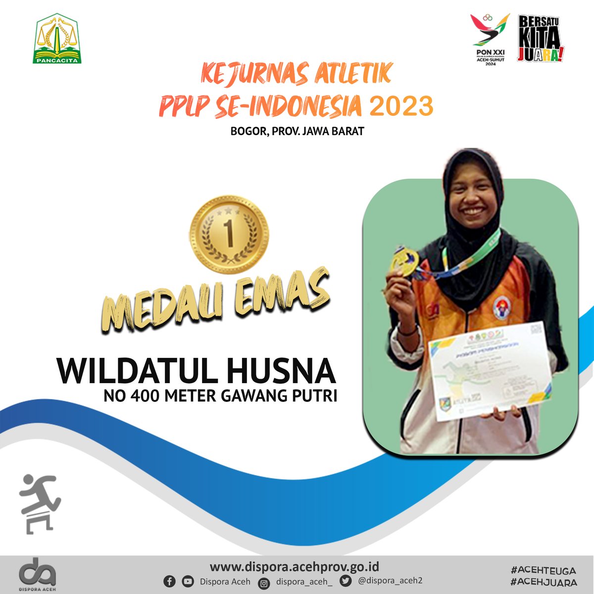 Alhamdulillah, Selamat untuk Wildatul Husna mendapat medali emas cabor Atletik no 400 Meter Gawang Putri pada KEJURNAS ATLETIK PPLP SE- INDONESIA, Bogor, Provinsi Jawa Barat tahun 2023.