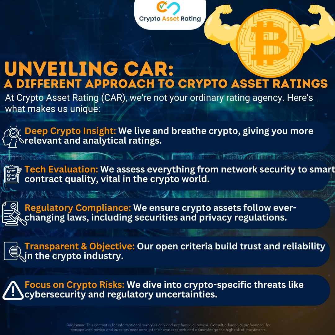 RatingCrypto's tweet image. Unlock the future of crypto investments with CAR! 🚀 We redefine crypto ratings with deep insights,tech evaluation, regulatory compliance, transparency, and a focus on risks.Discover the difference.

Visit our website now//bit.ly/3QxFach 

#cryptorating #crypto