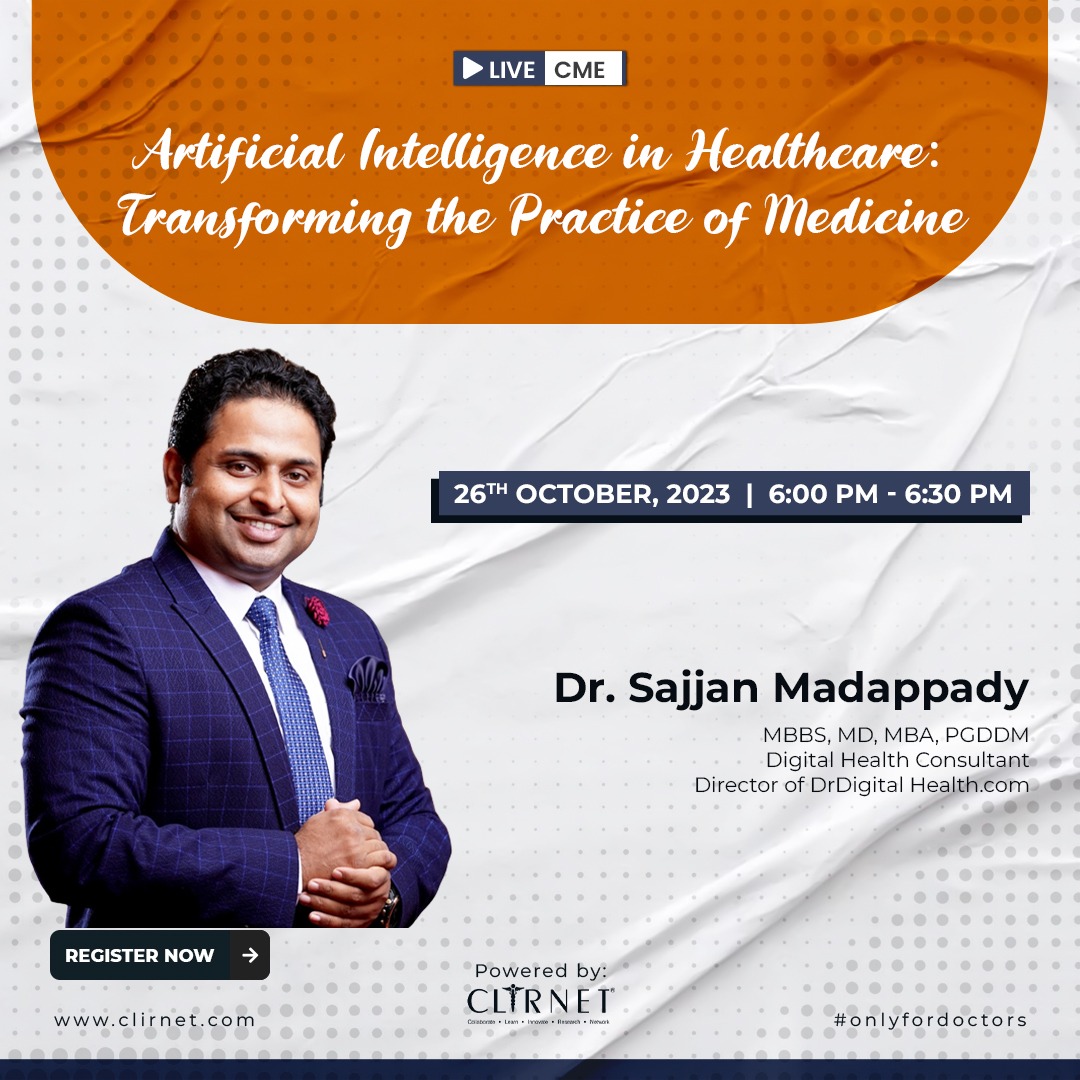 dynamicsajjan's tweet image. Invited as a Speaker for a Online CME for Doctors by Clirnet on topic &quot;Artificial Intelligence in Healthcare: Transforming the Practice of Medicine&quot; To Join Click  - clrn.in/gKjZr     #digitalhealth #drsajjan #digital #drdigitalhealth  #artificialintelligence