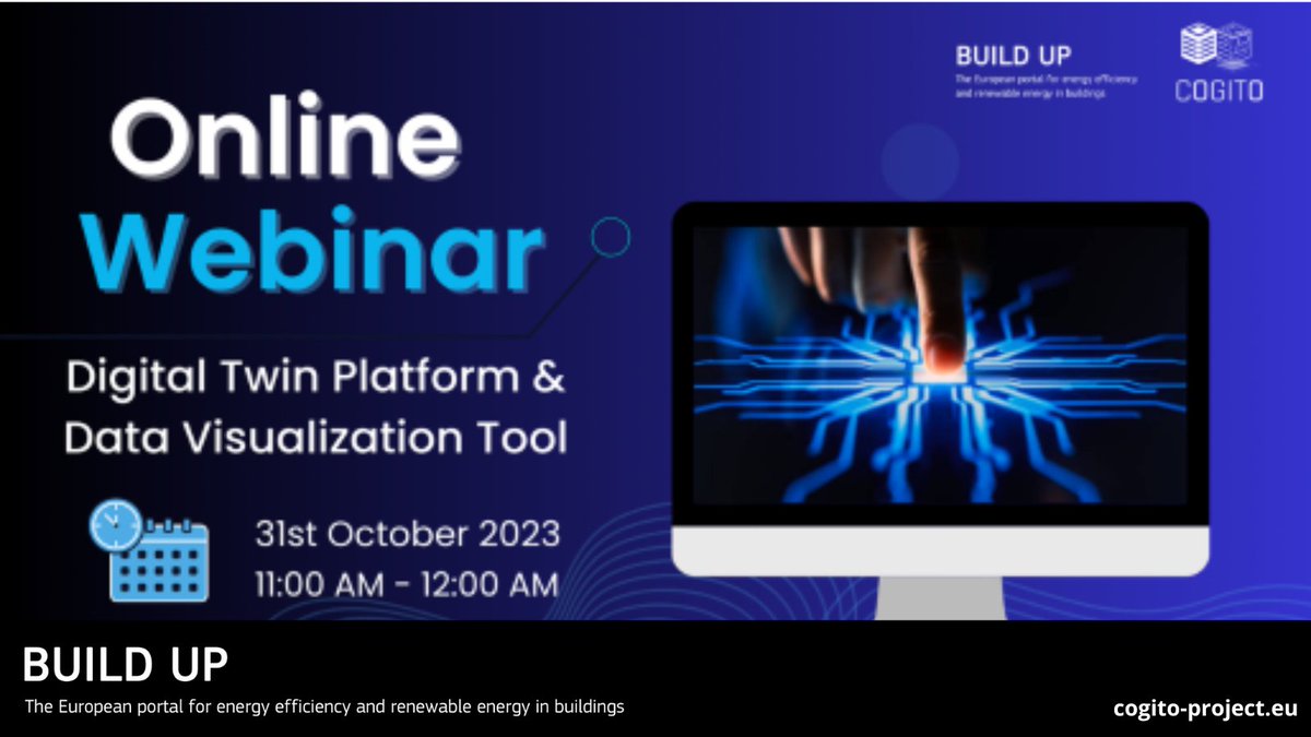 EU_BUILDUP's tweet photo. ⚠On 31st October at 11H @cogito_project specialists will present the Digital Twin Platform and Data Visualization Tool🧮

They are the core of the toolchain developed within the last 3⃣ years by the project📝

❗#Webinar hosted by #EU_BUILDUP

Register👉https://t.co/bzaJeTecOP https://t.co/xKVsk9PLBU