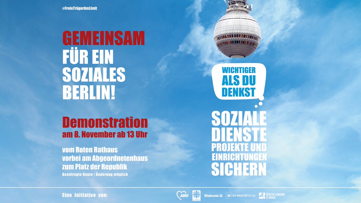 Großdemonstration | 8.11. | 13 - 16 Uhr | BITTE TEILEN
GEMEINSAM FÜR EIN SOZIALES BERLIN! Seid dabei!
Alle Infos: diakonie-portal.de/wichtiger-als-…
Bei den sozialen Trägern in Berlin gehen nach und nach die Lichter aus! Patient:innen,  Klient:innen, Pflegende Angehörige, Kitaeltern, ...