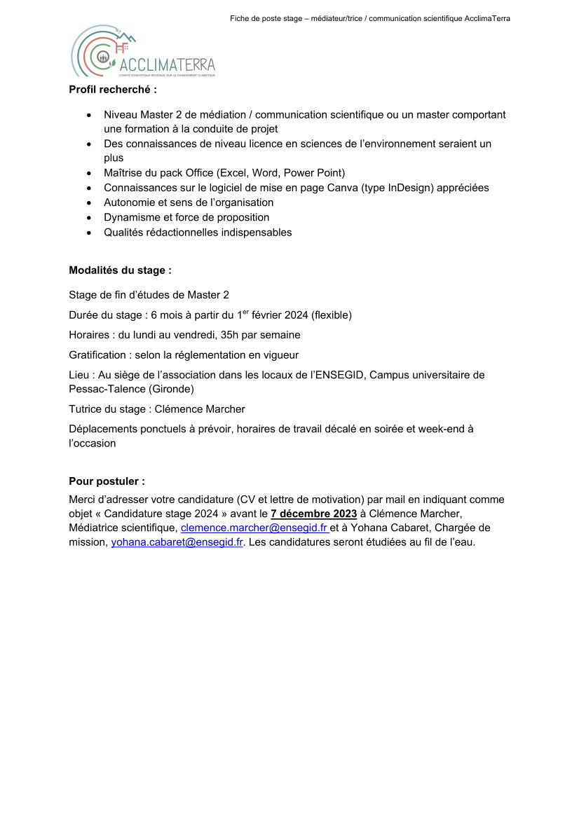 🔍🎓[#stage] | Nous recherchons un·e stagiaire pour appuyer l'organisation de nos Journées d'été 2024 et d'autres actions de #médiation de l'association. #évenementiel #communication

🎓 Profil : Niveau M1/M2
📆 Durée : 6 mois

📨 CV + LM à clemence.marcher@ensegid.fr