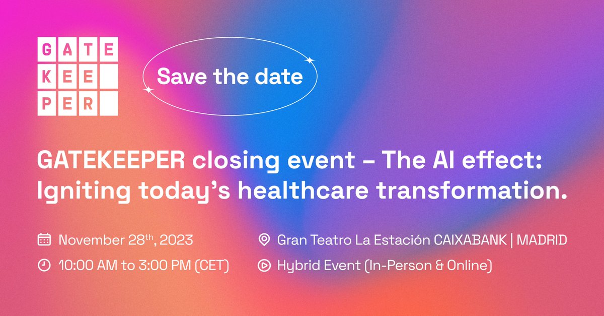 📌#GATEKEEPERclosingevent is here! Join us to discover how #AI is igniting today's #healthcare transformation and engage with experts. 📷28th Nov. 10AM-3PM CET 📷Free regsitration: gatekeeper-project.eu/final-event/
#Innovation #digitalhealth