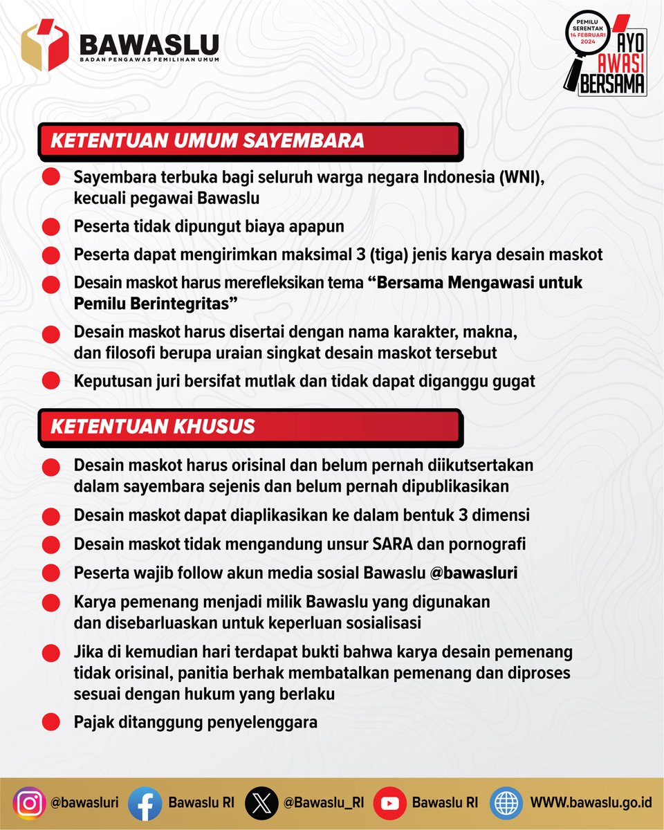 Pengumuman 📢
#SahabatBawaslu yang jago atau minat desain kuti Sayembara Desain Maskot Bawaslu bertema "Bersama Mengawasi untuk Pemilu Berintegritas"
Batas waktu pengumpulan 2
Nov 2023.
Hadiahnya sampai puluhan juta rupiah 🤩

#SayembaraDesainMaskotBawaslu
#AyoAwasiBersama
