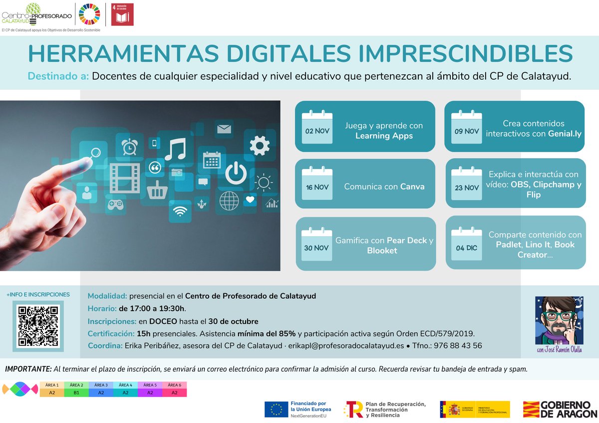 🔈Curso “Herramientas digitales imprescindibles”, con José Ramón Olalla
 🧑‍🏫Docentes de cualquier especialidad y nivel educativo del ámbito
🗓️02/11, 09/11, 16/11, 23/11, 30/11 y 04/12
🕔17:00-19:30
📍CP Calatayud (presencial)
✍️En DOCEO hasta 30/10
+info: acortar.link/2azreU