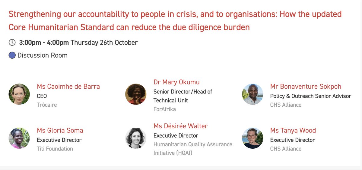 CHS_Alliance's tweet image. If you&apos;re attending #AidEx 2023 in Geneva today, join us at 15h in the discussion room for an important conversation on how the updated #CoreHumanitarianStandard #CHS can reduce the due diligence burden for #aid organisations globally.

More details: bit.ly/3rVR31M