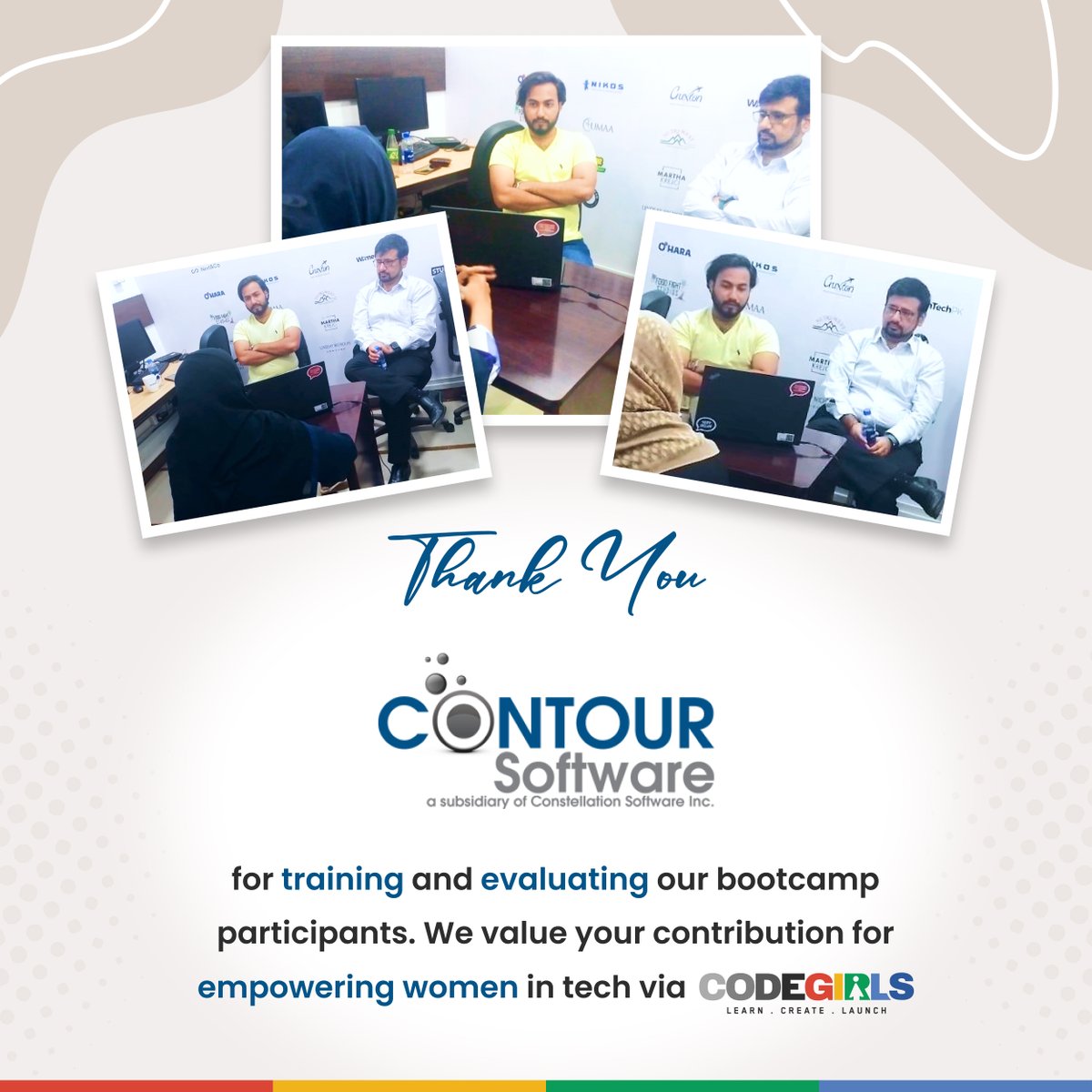 Thank you <a href="/ContourSoftware/">Contour Software</a> for training and evaluating our bootcamp participants, and offering to interview top performers. 

We value your contribution for empowering women in tech via <a href="/CodeGirlsKhi/">CodeGirls</a>

<a href="/shamimrajani/">Shamim Rajani</a>  <a href="/Hasnainwalji/">Hasnain  Walji</a> <a href="/FaizaYousuf/">Faiza Yousuf</a> 
#womeintechpk