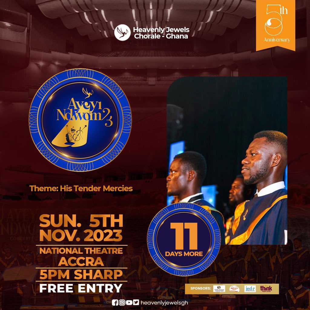ChoraleJewels's tweet photo. 11 DAYS COUNTING!
It’s all about the 5th Anniversary of Heavenly Jewels Chorale (Ayeyi Ndwom)

Date: 5th November, 2023
Venue: National Theatre
Time: 5pm
Theme: HIS tender mercies 
Rate: Free

Missing this heavenly worship isn’t an option!🕊️

Sing Praises: To God🕊️ https://t.co/ThafTdvEAw
