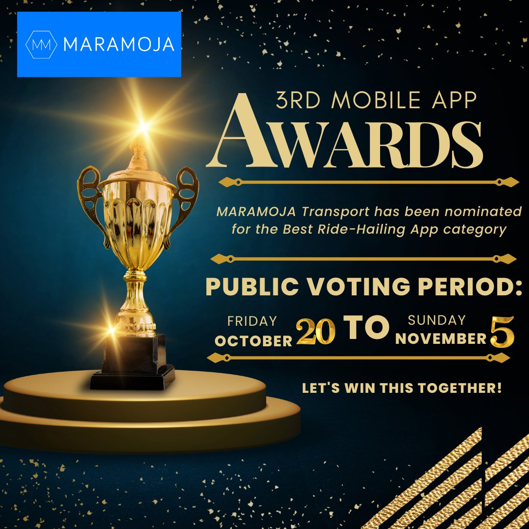 MM_Nrb's tweet photo. 🚗 Big news! MARAMOJA App is a finalist in the Best Ride-Hailing App category at the 3rd Mobile App Awards. 

🏆 Your vote can make us a winner! 
🗳️ Vote now at https://t.co/mGGt1LCOsN.
Let's do this! 

#MARAMOJAAwards #MobileAppAwards https://t.co/sd75VqueAF