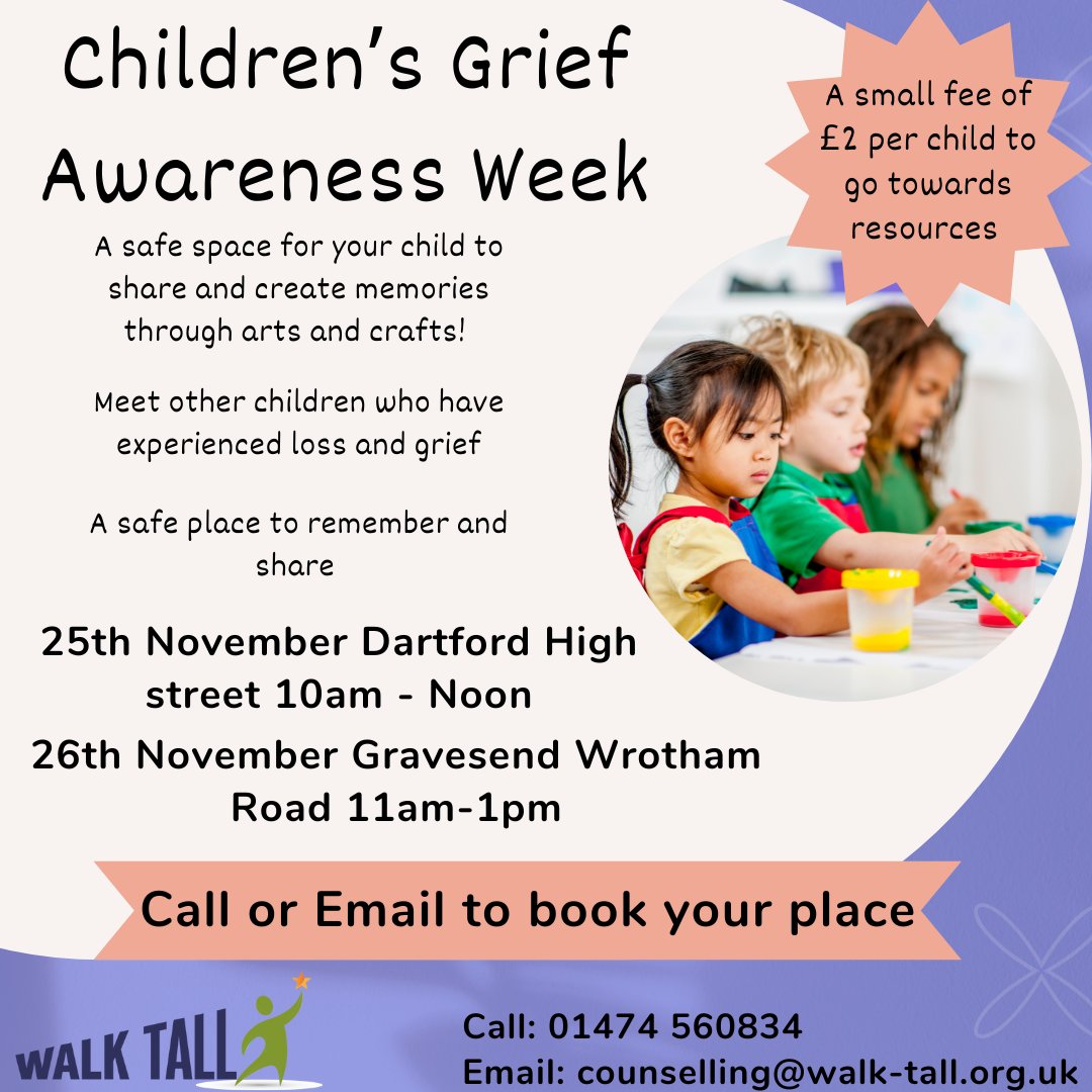 We are running two workshops in November in honor of Children's Grief Awareness Week. 
#grief #artsandcrafts #art #loss #children #childrensgriefawareness #november #childmentalhealth #memories #dartford #gravesend #gravesham #walktall