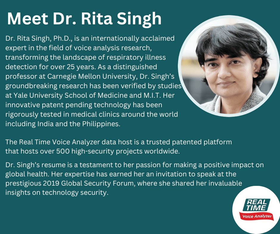 voiceanalyzer's tweet image. Meet Dr. Rita Singh, a pioneer in voice analysis research, revolutionizing respiratory illness detection for over 25 years. 🌎🔭

#VoiceAnalysis
#RespiratoryHealth #MedicalResearch #Innovation #GlobalImpact #HealthTech #TechnologySecurity #GlobalHealth #RealTimeVoiceAnalyzer