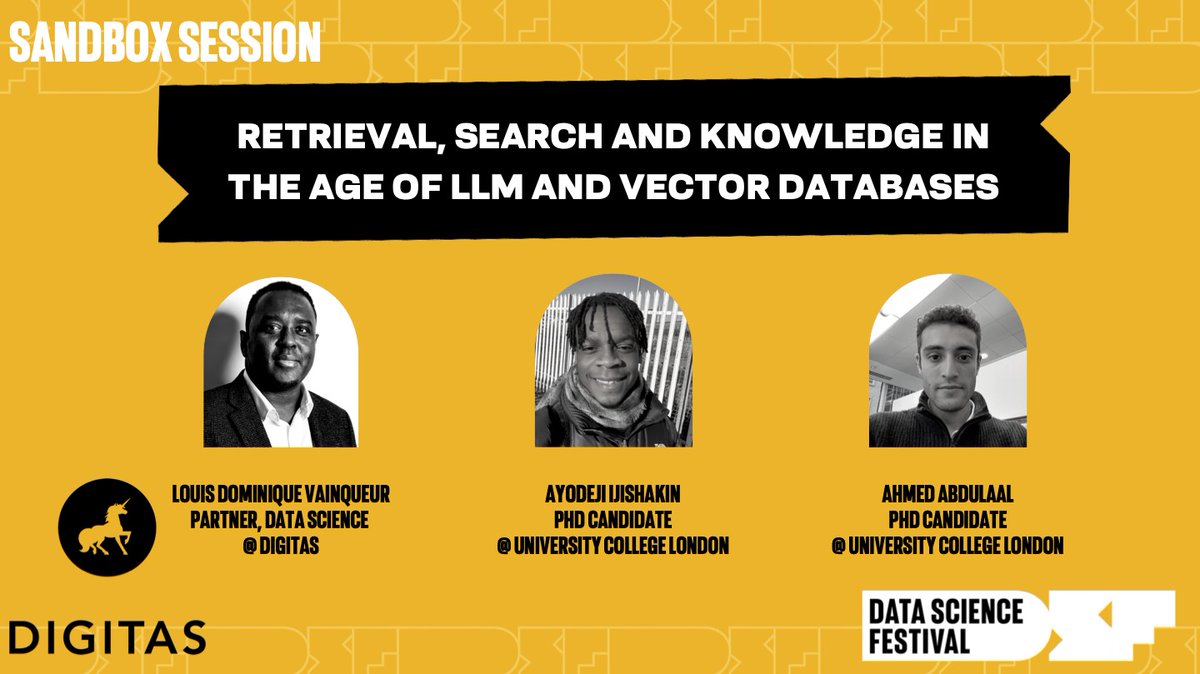 Join us for our upcoming in-person event in partnership with Digitas 🙌 💡 Retrieval, search and knowledge in the age of LLM and Vector Databases 📆 Tuesday 7th November 2023 ⏰ 6:00PM - 9:00PM GMT Sign up for this session now 👇 datasciencefestival.com/session/retrie…