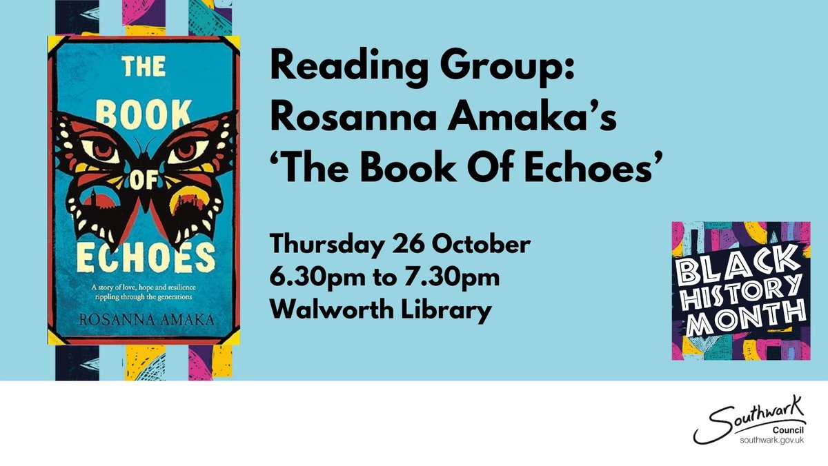 SouthwarkLibs's tweet image. Join us at #WalworthLibrary today to read and discuss &apos;The Book of Echoes&apos; - a searing debut about hope, redemption and the scars of history. 

Thursday 26 October 
6.30pm to 7.30pm 

#BlackHistoryMonth