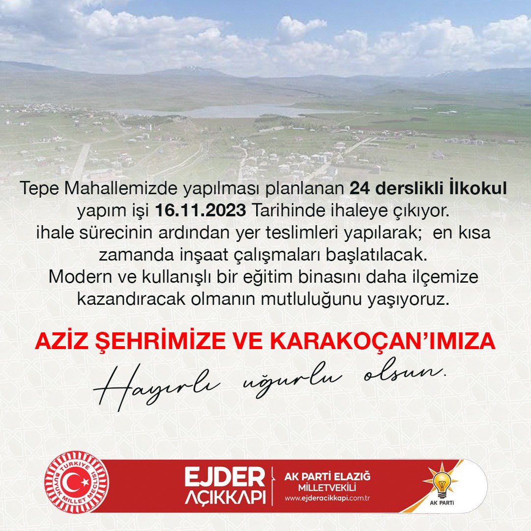 Tepe Mahallemizde yapılması planlanan 24 derslikli İlkokul yapım işi 16.11.2023 Tarihinde ihaleye çıkıyor.

ihale sürecinin ardından yer teslimleri yapılarak;  en kısa zamanda inşaat çalışmaları başlatılacak. Modern ve kullanışlı bir eğitim binasını daha ilçemize  kazandıracak