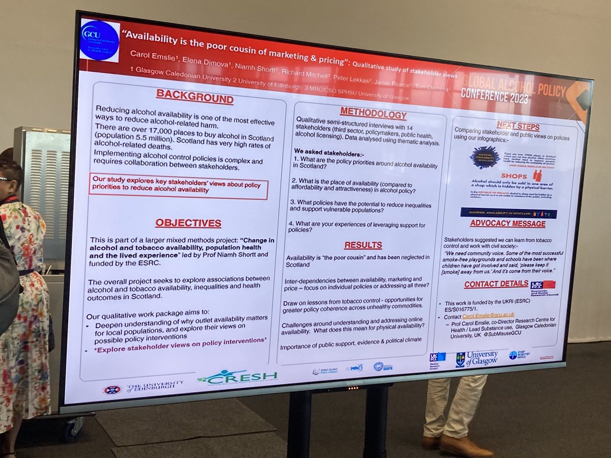 “Availability is the poor cousins of marketing & pricing: qualitative study of stakeholder views” Our digital poster at Global #Alcohol Policy conference #gapc2023 Interesting presentations on physical availability #alcohol policies ⁦@ElenaDDimova⁩ ⁦@jamie0pearce⁩
