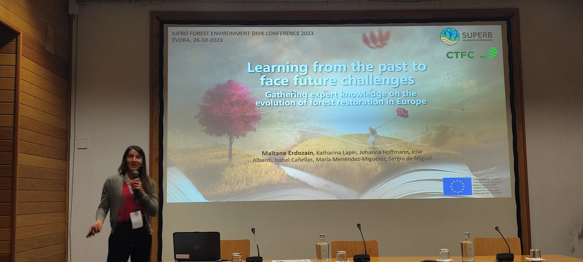 MndzMery's tweet photo. Our colleague Maitane, from @ctforestal, is presenting the narratives collected in #WP3 of @SUPERB_project in the @IUFRO #Evora congress. #restoration #challenges #experts #success #failure #forest @INIA_es @CSIC https://t.co/eAVXStqjRi