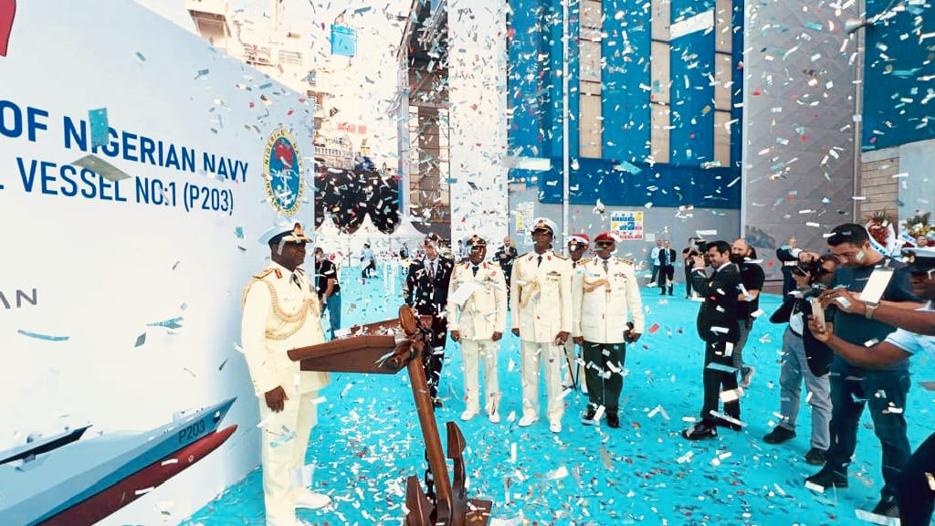 Launching Ceremony of Nigerian Navy 76 Metre Offshore Patrol Vessel No 1 (P203) at DEARSAN Shipyard, Tuzla, Istanbul, Turkiye on 26 October 2023. In attendance were Chief of the Naval Staff, Vice Admiral EI Ogalla, CEO DEARSAN Shipyard, m.facebook.com/story.php?stor…