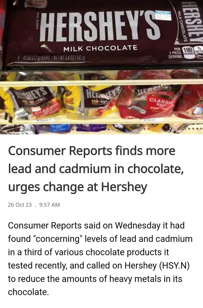 #Chocolate #Hersheys 
#HersheysChocolate 
#HeavyMetal #Lead 
#Cadmium  #FoodSafety 
#FoodQuality 
Chocolate 🍫 🫕 🍦 🍩 🍪 🍫 
Is not so chocolaty my dear friend's
